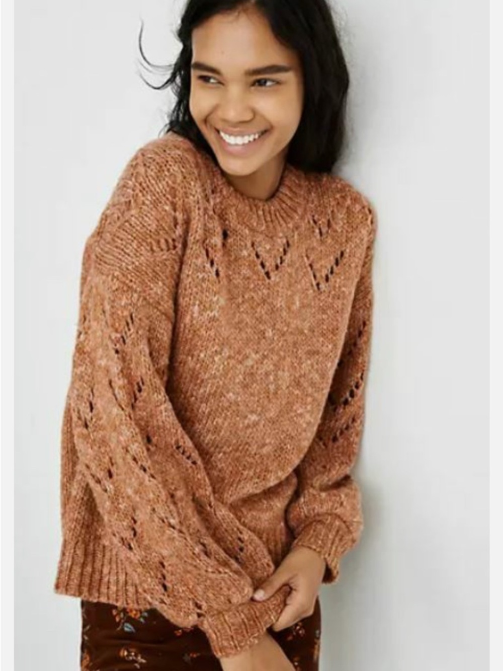 Madewell Pointelle Bubble Sleeve Pullover Sweater Marled Acorn